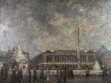 painting of a painting of a city square with people walking around it