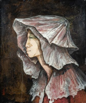 painting of a woman in a red dress and a white hat