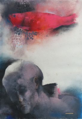une image représentant un tableau sur lequel figure un homme avec un poisson rouge en arrière-plan