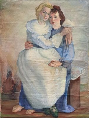 painting of two women hugging each other in front of a painting