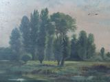 peinture d'un paysage avec des arbres et une rivière au premier plan