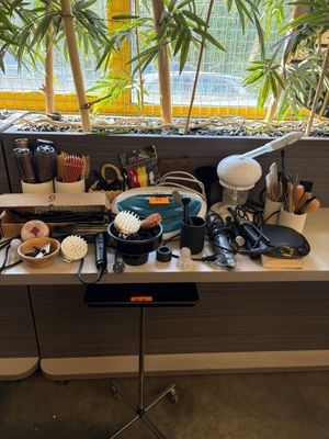 a desk with a lot of clutter on it