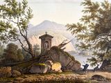 un tableau représentant un paysage de montagne avec un homme et un chien