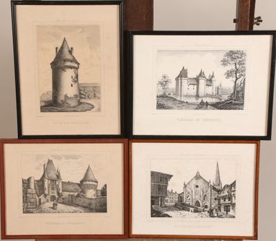 four framed drawings of a castle and a church on a table