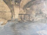 un dessin représentant un bateau dans l'eau, sous un pont