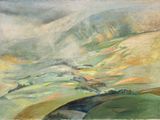une peinture à l'huile représentant un paysage de montagne avec une rivière au premier plan