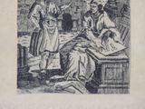a black and white drawing of a man and a woman sitting at a table