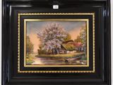 framed oil painting of a farm scene with a pond and a house