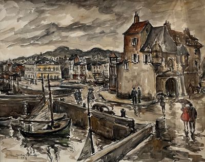 a watercolor painting of people walking on a pier