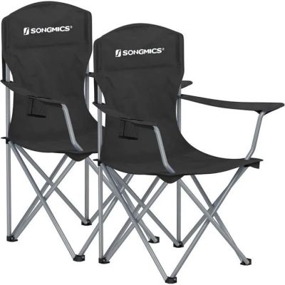 a pair of folding chairs with a black seat and silver legs