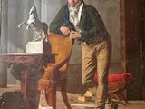 a painting of a man leaning on a chair