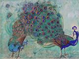tableau représentant un paon aux plumes déployées et un oiseau à ses côtés