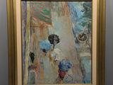 une image représentant un tableau où l'on voit une femme avec des parapluies dans une rue