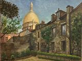 an oil painting of a building with a dome on top of it