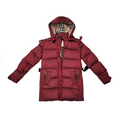 the jacket is red and has a hood on it
