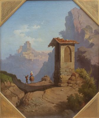 painting of two men riding horses on a rocky path in front of a castle