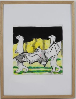 une image représentant un dessin d'un homme et d'un chien dans un champ