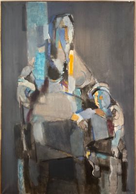 une peinture à l'huile représentant un homme assis sur une chaise avec un enfant