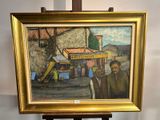 un tableau représentant un homme debout devant un bâtiment