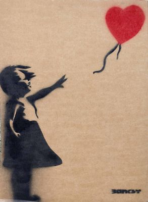 a painting of a little girl flying a kite with a heart shaped balloon
