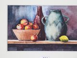 a painting of a bowl of apples and a vase on a table