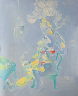 painting of a woman sitting in a chair in front of a bird cage