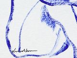 drawing of a cat with a blue tail sitting on a white surface