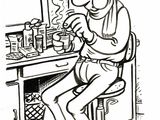 dessin représentant un homme assis à un bureau en train de fumer une cigarette