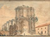 an old drawing of a building with a gate in the middle of it