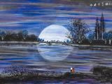 un tableau représentant un homme et un chien au bord d'un lac, la nuit