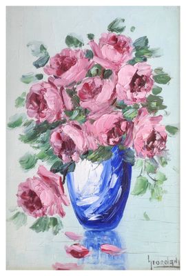 a painting of a blue vase with pink flowers in it