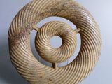 a sculpture of a spiral shaped object on a clear stand