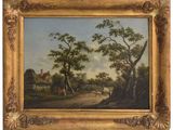an oil painting of a farm scene with a horse drawn carriage