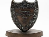 an antique bronze shield on a wooden base with a white background