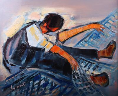 une peinture à l'huile représentant un homme assis sur un ordinateur portable
