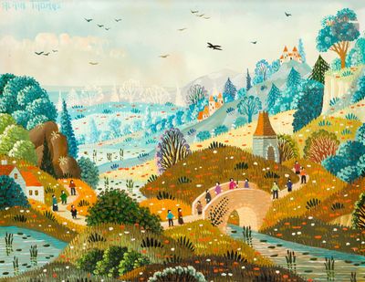 un tableau représentant un paysage avec une rivière et un pont
