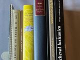 Plusieurs livres sont empilés les uns sur les autres sur un lit.