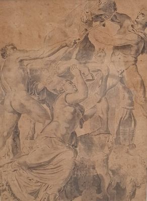 dessin représentant un groupe de personnes avec un cheval et une vache