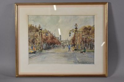 peinture d'une scène de rue avec des personnes marchant dans la rue