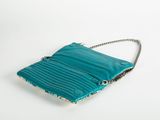 a small turquoise purse with a chain strap and a clasp