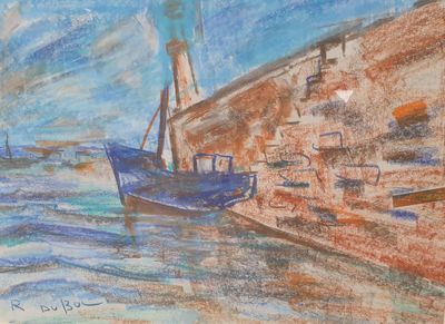 Roland DUBUC (1924 - 1998) Bateau amarré près d’un Phare