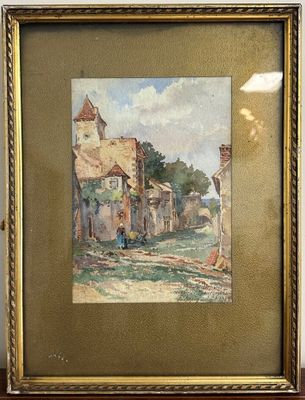 tableau représentant une scène de village avec un homme marchant sur la route