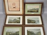 four framed pictures of mountains and a lake in a wooden frame