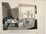 dessin représentant un homme regardant un tableau dans une pièce