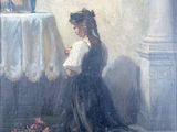 tableau représentant une femme en robe noire assise devant une table ornée de fleurs