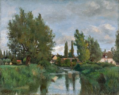 tableau représentant un tableau d'une rivière avec une maison en arrière-plan