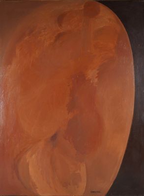 an oil painting of a woman in a brown dress with a black background