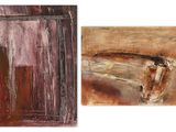 two paintings of different colors and shapes are shown on a white background