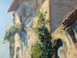 painting of a street scene with a horse and carriage on the side of the road