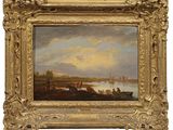 une peinture à l'huile représentant une scène fluviale avec des bateaux et des personnes sur la rive